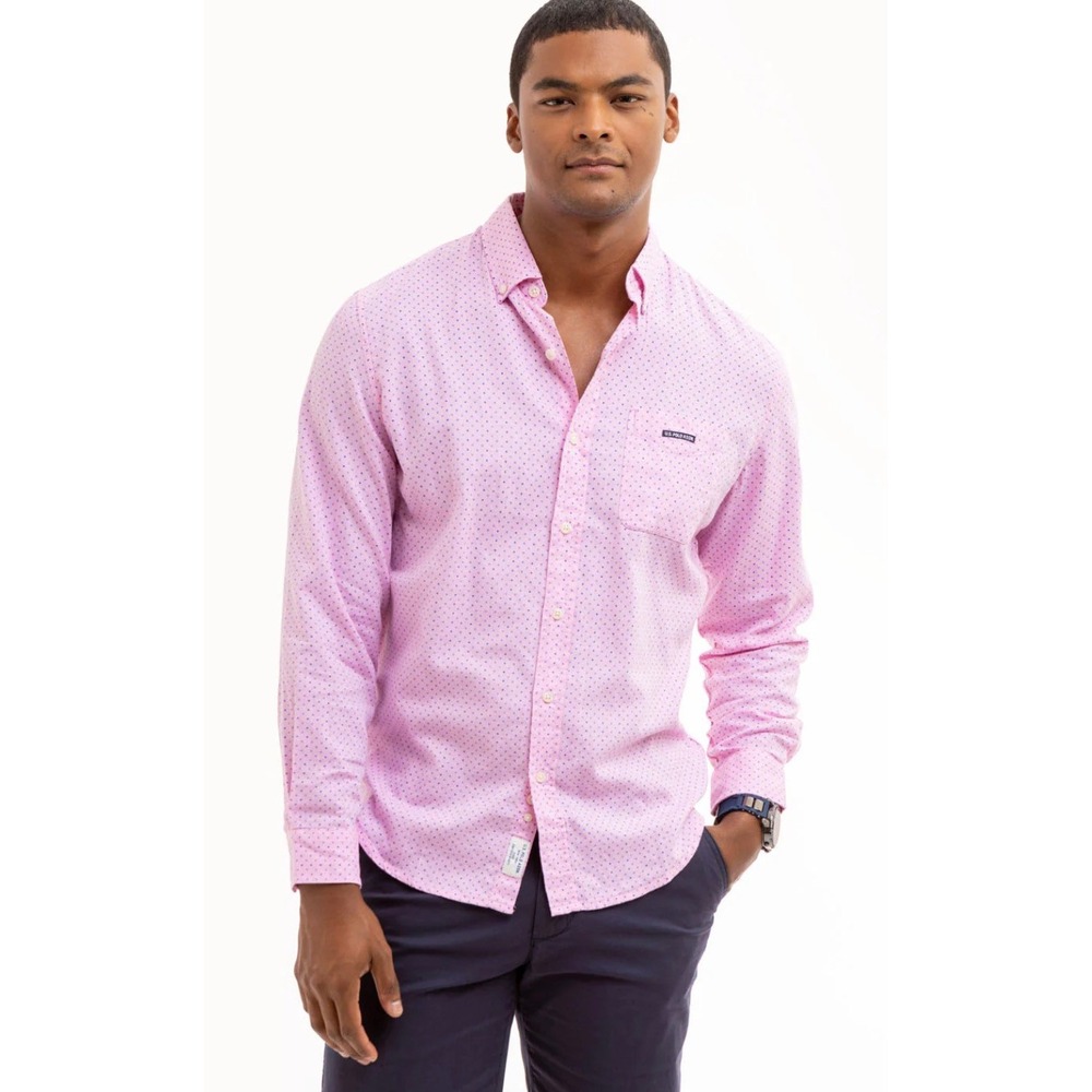 US Polo Assn Mens Medium Long‎ Sleeve Shirt Pink Dot Print Royal Oxford Candy